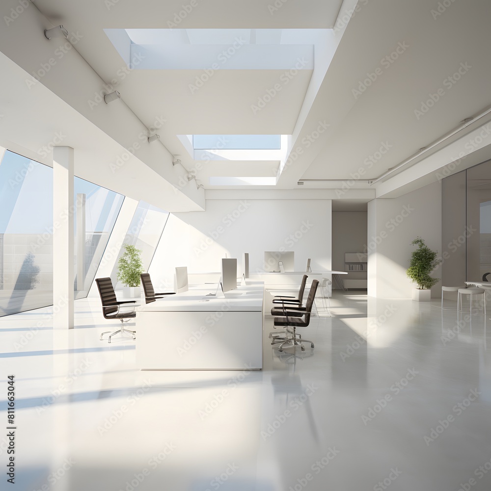 White open space office interior. Generative AI. White open space office interior. Generative AI.