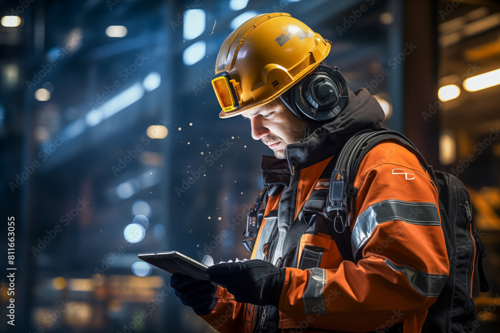 Fototapeta premium Industrial worker in reflective gear and helmet using digital tablet at night.