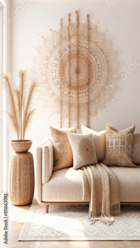 Beige bohemian interior with a beige sofa and pastel pillows, a mock up for home decor, a white wall, a golden flower pot, sunlight, a window shadow on the wall, a minimalistic design