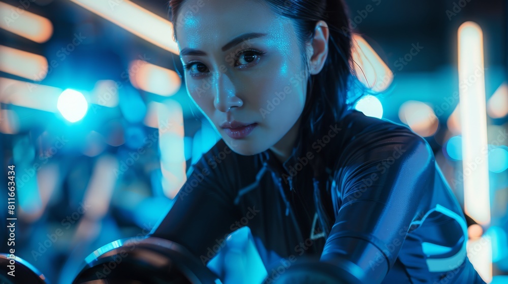 Asian woman on Spin Bike in the gym Asian woman on Spin Bike in the gym