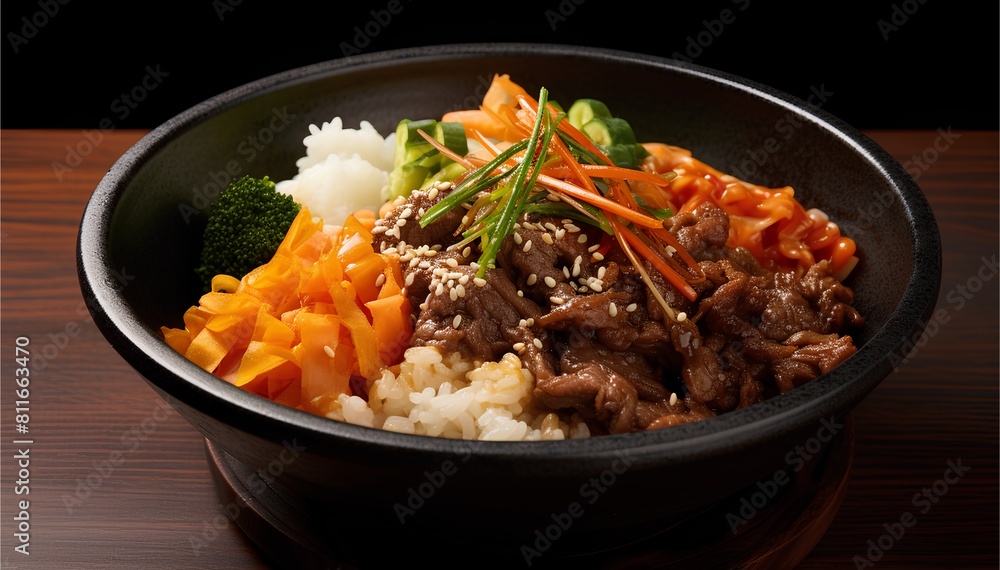 Bibimbap, Korean dish of mixed rice, vegetables, and meat, popular and iconic Korean food Bibimbap, Korean dish of mixed rice, vegetables, and meat, popular and iconic Korean food