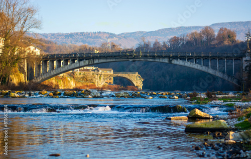 view from the Piave river on the Ponte della Vittoria on the wonderful town of Belluno in Veneto Italy