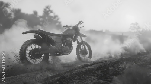 A dirt bike is shown in a muddy field with smoke in the background