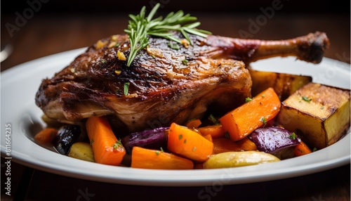 Duck confit, delicious decadent French dish made with duck legs, slow-cooked in their own fat, served with crispy skin
