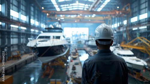 A man in a hard hat is looking at a large yacht in a shipyard.