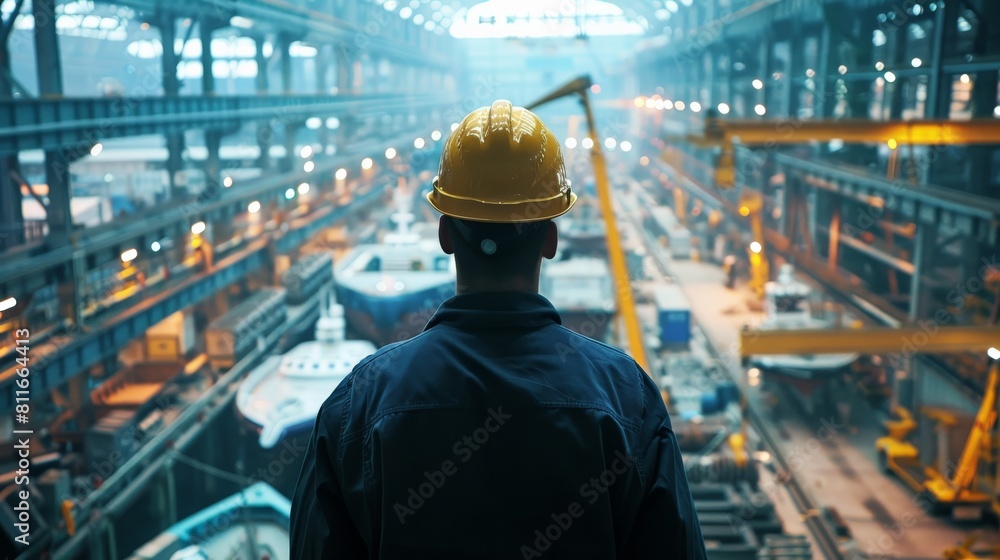 A man in a hard hat looking out over a shipyard