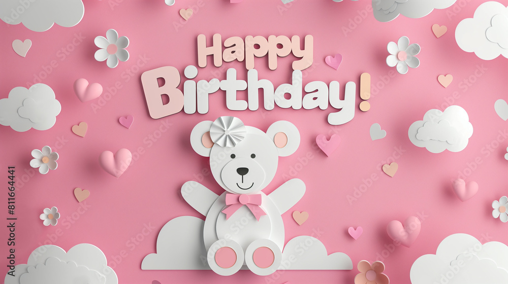 Minimalistic paper-cut inscription Happy Birthday on a pink background with a bear. a birthday card for a girl 