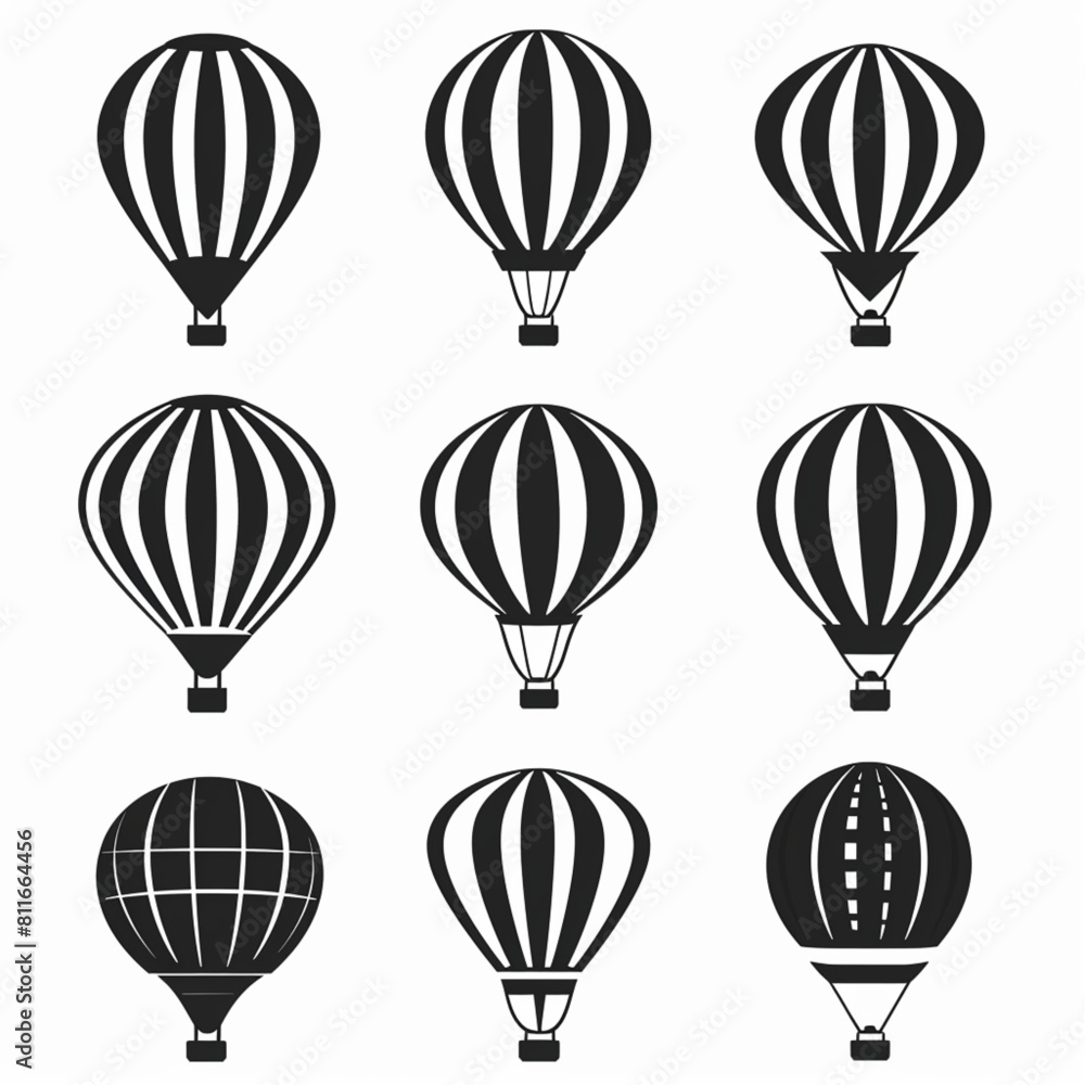 hot air balloon icons, simple shapes, vector graphics, black on white background, flat design style, graphic design elements for clipart collection