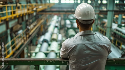 A man wearing a hard hat is looking out over a factory floor. Fabric production, fabric and textile factories 