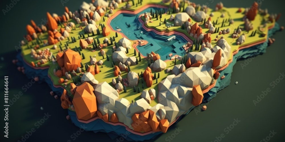 Stylized low-poly 3D map with a river winding through colorful landscapes. A low-poly artwork of a floating island with various element such as river, mountain. Digital art for geography. AIG35.