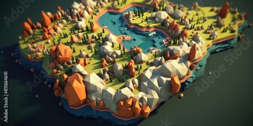 Stylized low-poly 3D map with a river winding through colorful landscapes. A low-poly artwork of a floating island with various element such as river  mountain. Digital art for geography. AIG35.