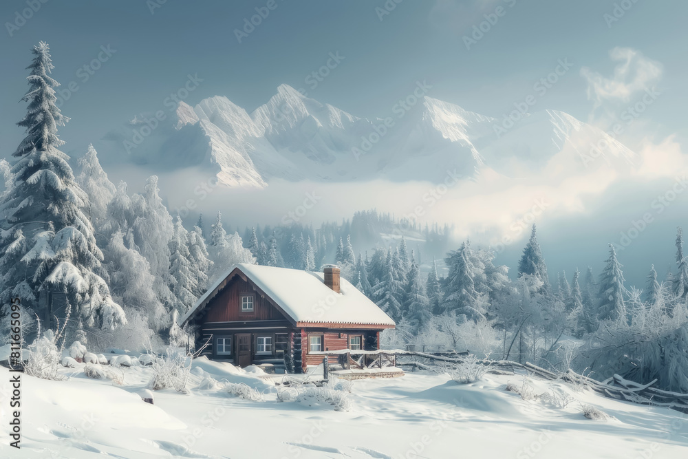 A cozy cabin in a snowy mountain landscape.