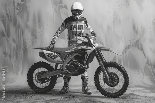 A man is standing next to a dirt bike photo