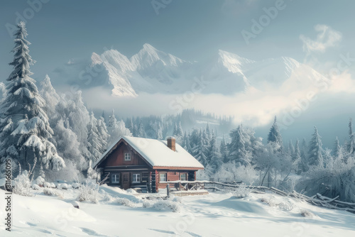 A cozy cabin in a snowy mountain landscape. © Gasi