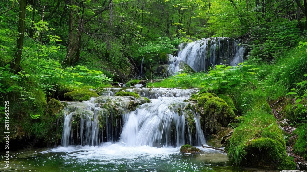 Waterfall in Lush Green Forest | Serene Nature Scene for Relaxation and Ecotourism Marketing Waterfall in Lush Green Forest | Serene Nature Scene for Relaxation and Ecotourism Marketing