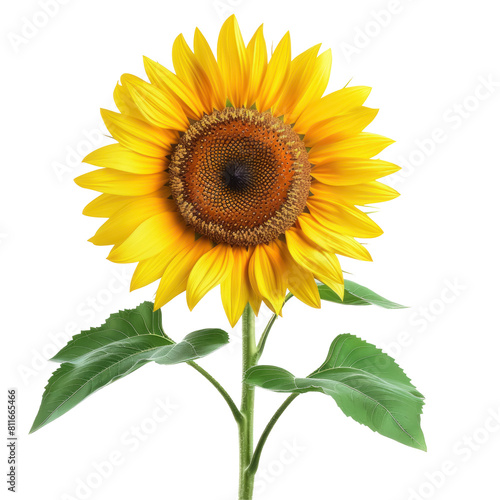 A large yellow sunflower with a green stem and leaves,isolated on white background or transparent background