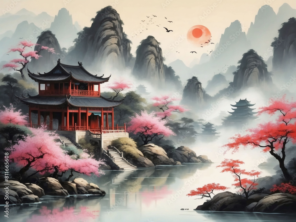 Eastern Elegance, Elegant Chinese landscape print.