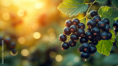 Wet black currant branch with berries in sunrise photo