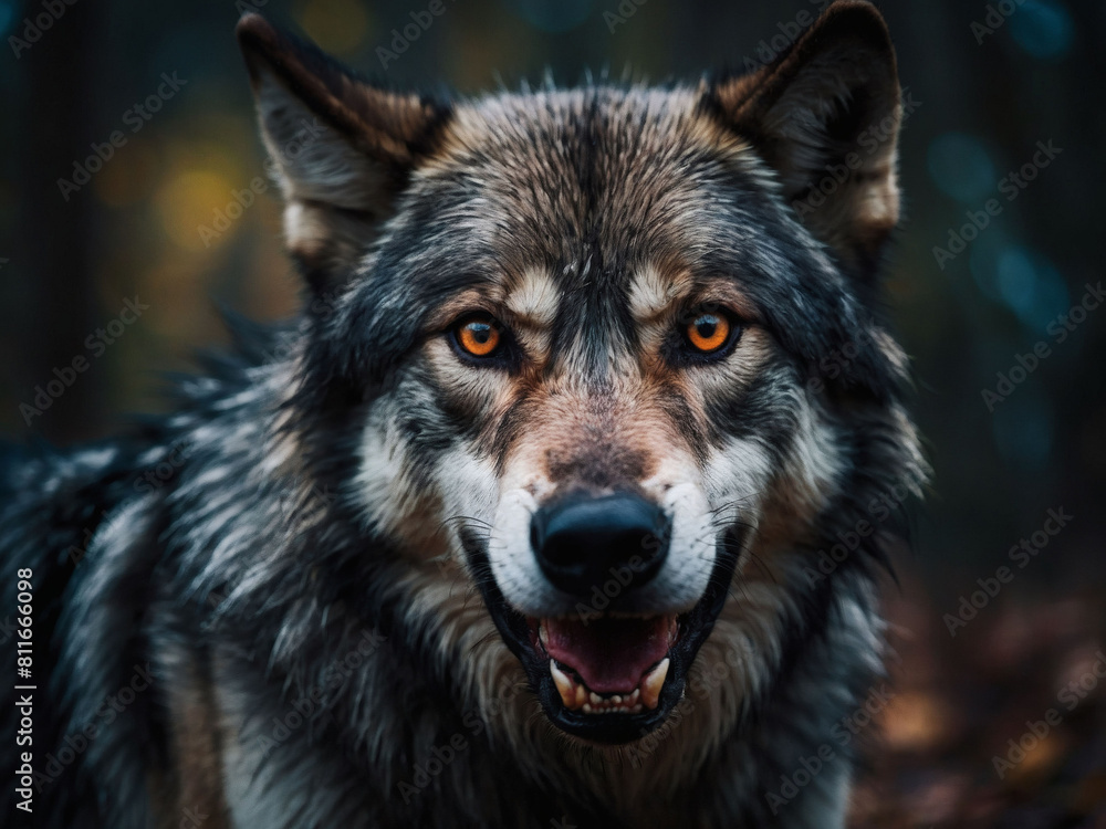 Eerie close-up of a malevolent-looking wolf, its dark fur adding to its sinister appearance.