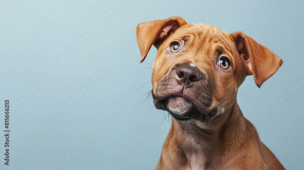 Adorable American Pit Bull Terrier puppy with questioning and curious face isolated on light blue background with copy space.