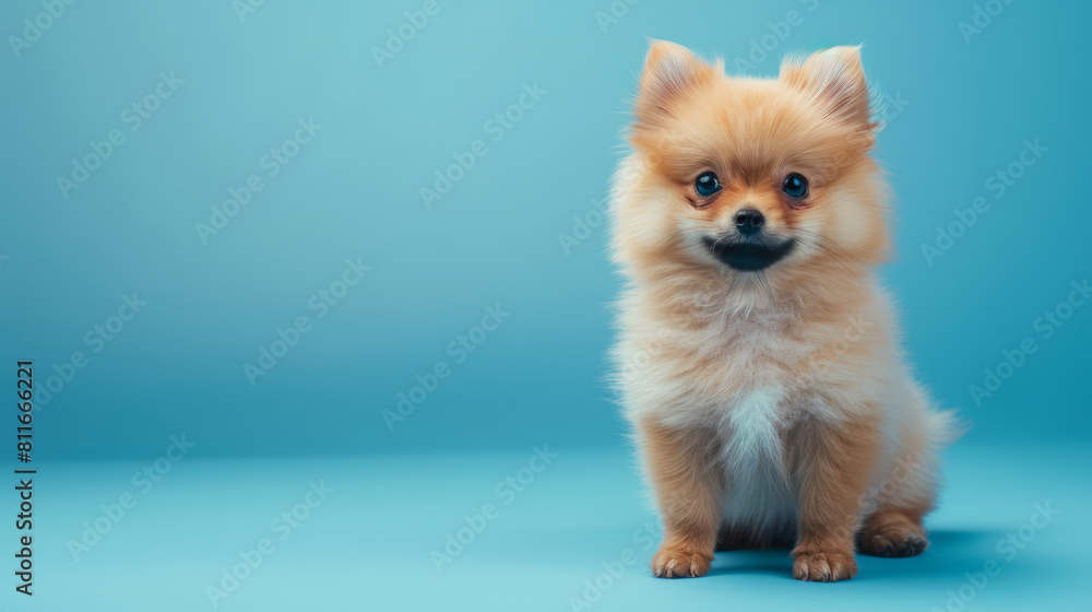 Adorable Pomeranian puppy isolated on light blue background with copy space.