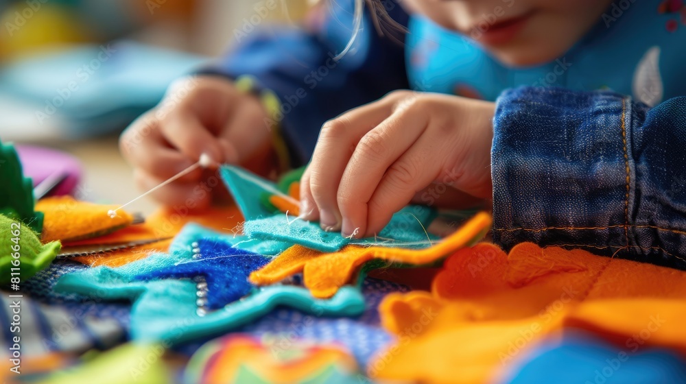 Child's Hands Sewing Colorful Felt Shapes | Close-up of Little Girl Crafting with Needle and Thread for Educational and Play Activities Child's Hands Sewing Colorful Felt Shapes | Close-up of Little Girl Crafting with Needle and Thread for Educational and Play Activities