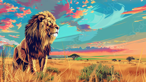 Lion in Masai Mara National Reserve, Kenya. Colorful comic style painting illustration. photo