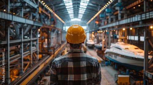 man in hard hat looking at boats in shipyard