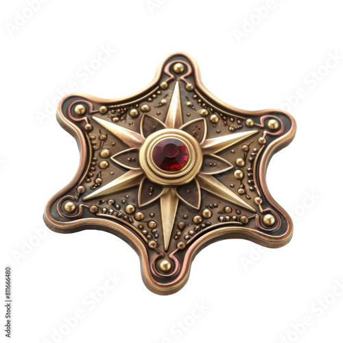 A gold and red star with a red crystal in the center,isolated on white background or transparent background