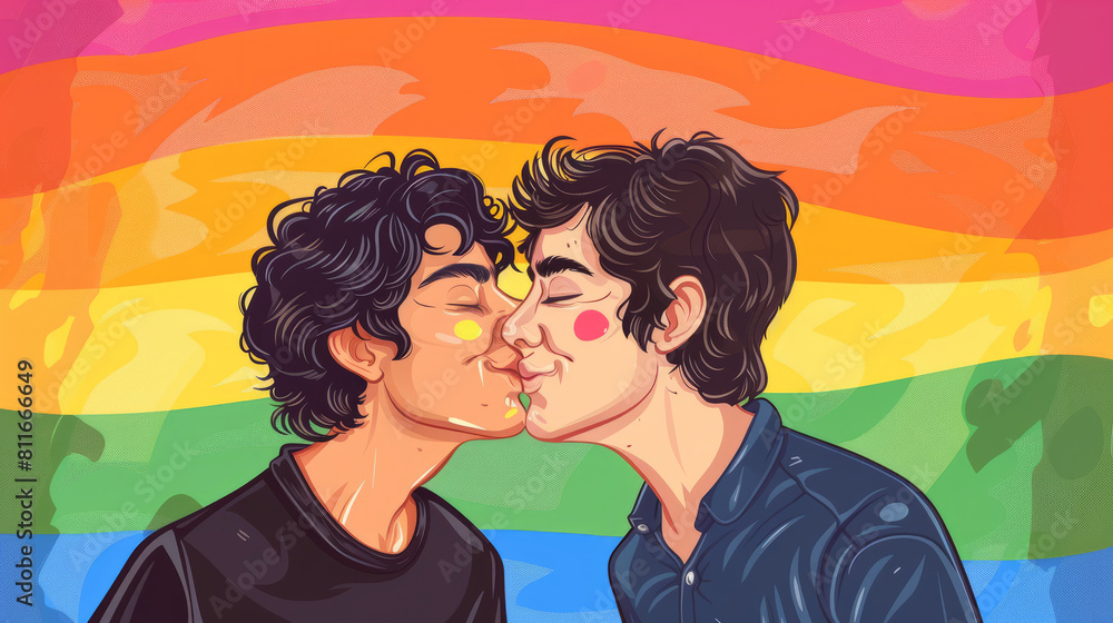 Cool looking gay couple cartoon kissing isolated on rainbow colors background. LGBTQ and pride month concept. Cool looking gay couple cartoon kissing isolated on rainbow colors background. LGBTQ and pride month concept.