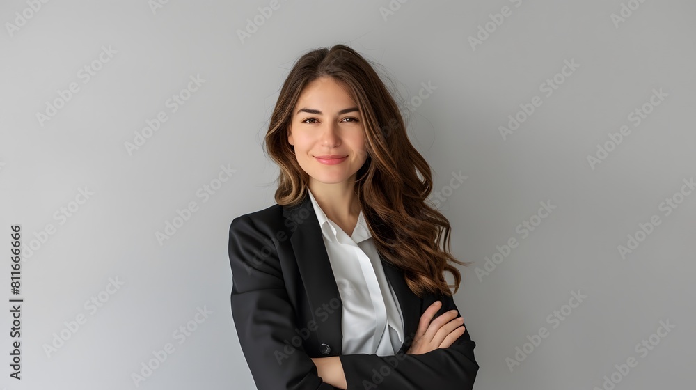 business woman standing with her arms crossed on a light grey background business woman standing with her arms crossed on a light grey background