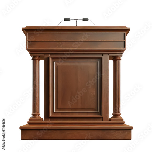 A wooden podium with a microphone and a microphone stand,isolated on white background or transparent background