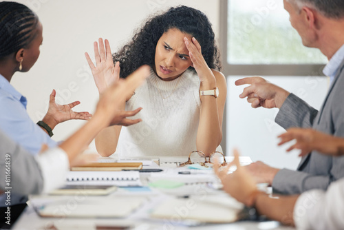 Businesswoman, meeting and stress or crisis headace with decision fatigue or colleagues, mistake or disagree. Female person, hands and migraine pain with anxiety for deadline, bankrupt or argument photo