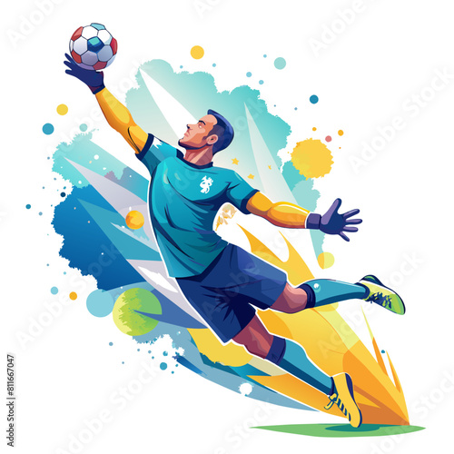 Vector football goalkeeper jumps for the ball. splash of watercolors. vector realistic illustration of paints