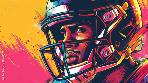 Portrait of american football player in comic style illustration. photo