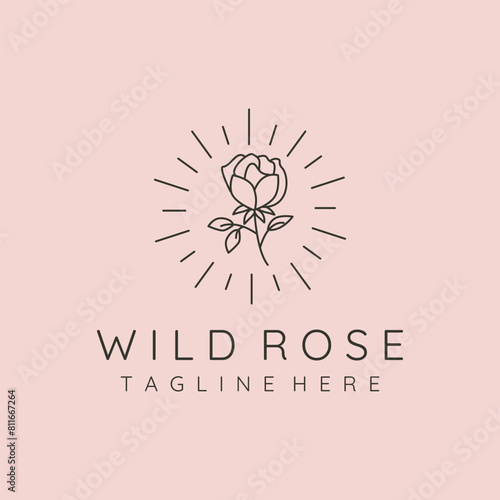 wild rose and sunburst line art logo vector symbol illustration design