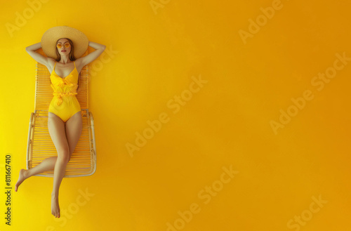 Studio photo of a beautiful girl in a yellow swimsuit and a stra photo