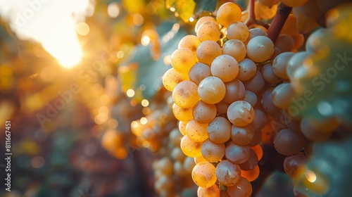 A bunch of grapes hanging on the vine.