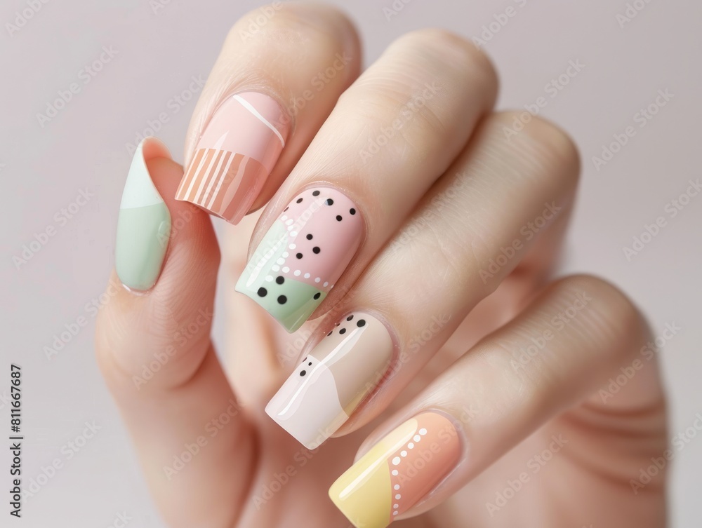 A woman holding a nail with geometric designs. A woman holding a nail with geometric designs.