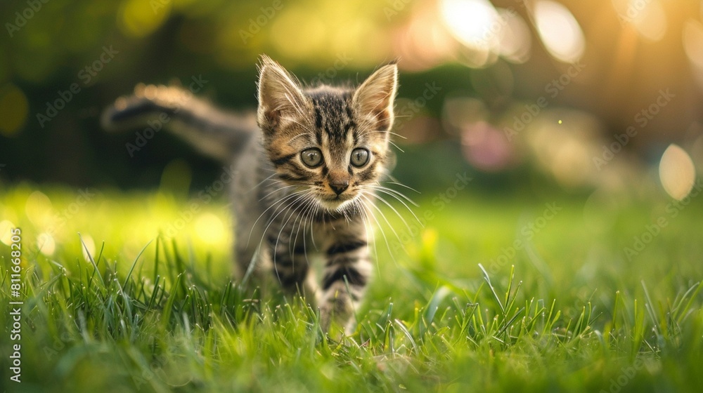 Brown tabby kitten walks on green grass, blurred background