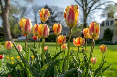 A bunch of yellow and red striped tulips in full bloom
