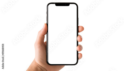 hand holding smart phone isolated on transparent white background, clipping path  photo