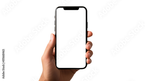 hand holding smart phone isolated on transparent white background, clipping path 