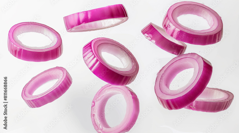 Floating raw red onion rings on white background Floating raw red onion rings on white background