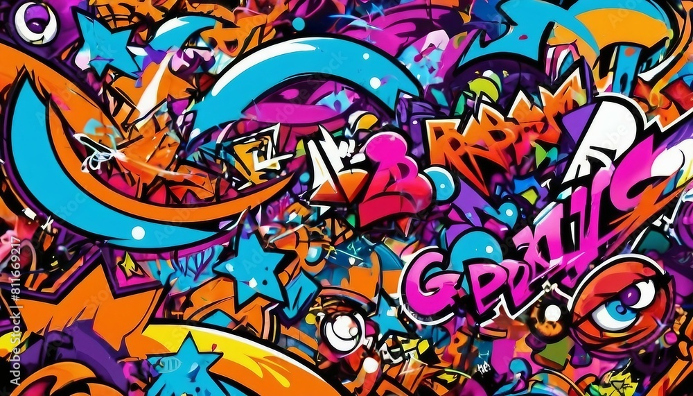 Abstract graffiti art background with vibrant colors and street art motifs.