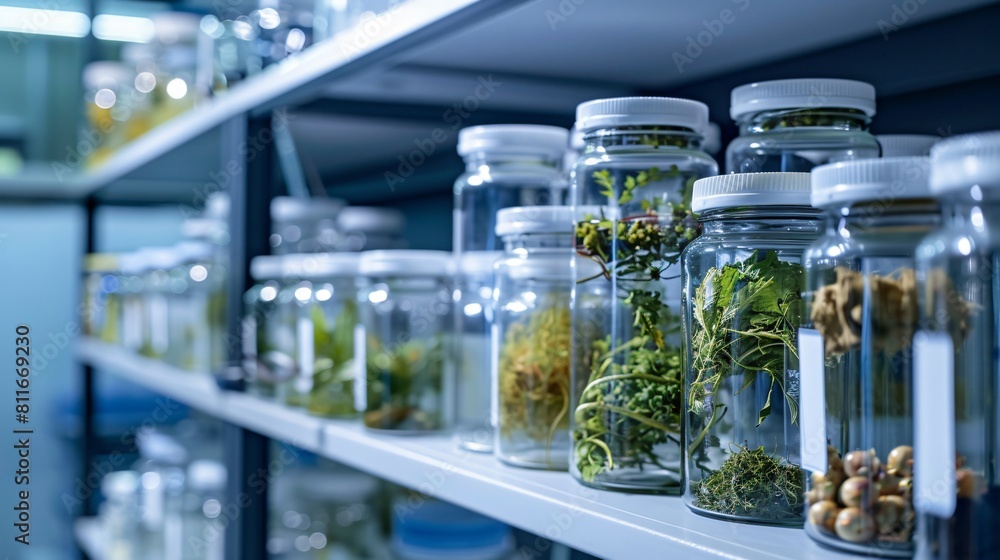 Close up of shelves filled with jars of plant samples and botanical extracts in a pharmacognosy laboratory Close up of shelves filled with jars of plant samples and botanical extracts in a pharmacognosy laboratory