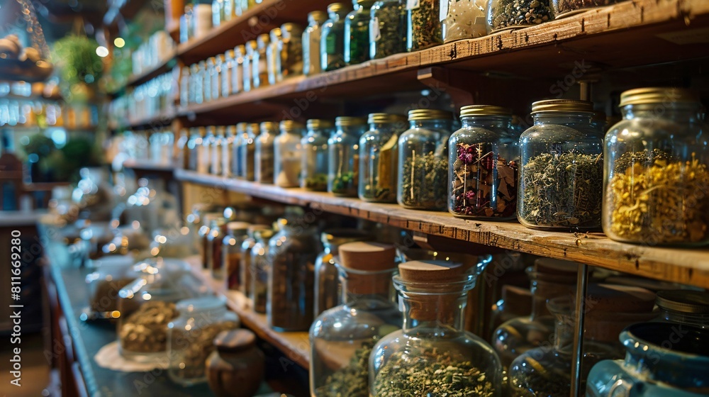 Close up view of shelves stocked with jars of dried herbs and tinctures in a traditional herbal medicine dispensary, with apothecary jars and scales in the foreground Close up view of shelves stocked with jars of dried herbs and tinctures in a traditional herbal medicine dispensary, with apothecary jars and scales in the foreground