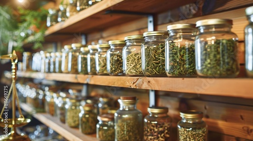 Close up view of shelves stocked with jars of dried herbs and tinctures in a traditional herbal medicine dispensary, with apothecary jars and scales in the foreground photo
