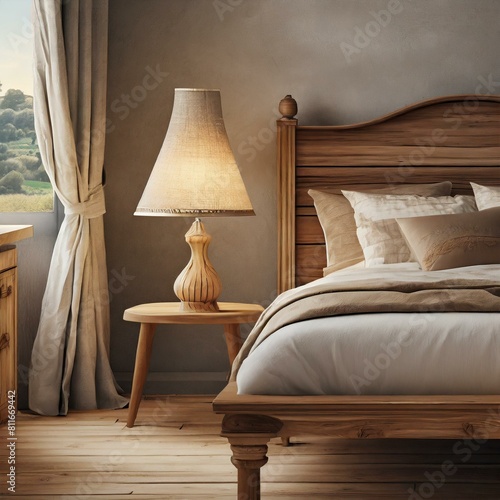 luxury hotel bedroom.a rustic bedside table lamp positioned near a bed with a wooden headboard, showcasing the essence of French country, farmhouse, and Provence interior design in a modern bedroom se photo