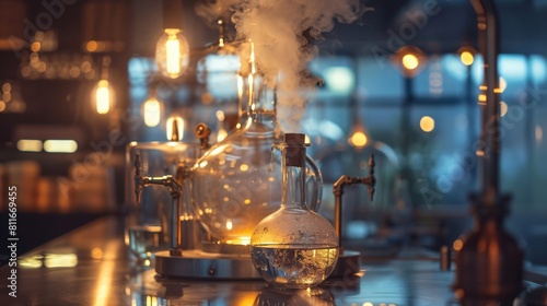 Front shot of an essential oil distillation process, with steam rising from the still and glassware gleaming in the light photo